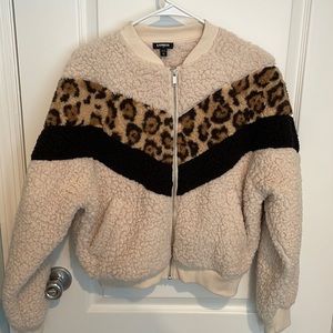 Never Worn Express Leopard Print Sherpa Zip Up Sweater Jacket Size Small